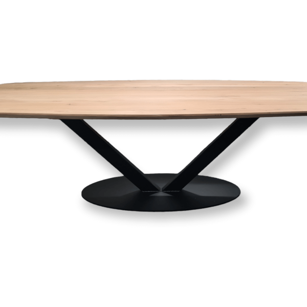 Massief eiken Deens Ovale tafel met stalen V-poot met ovale voetplaat